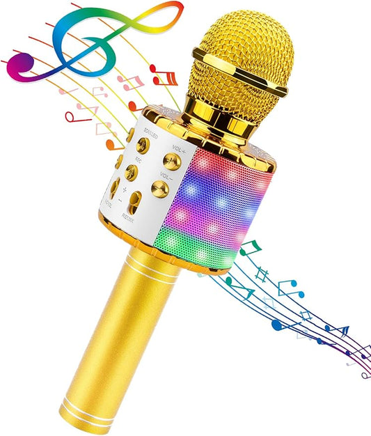 BlueFire 4 in 1 Karaoke Wireless Microphone with LED Lights, Portable Microphone for Kids, Great Gifts Toys for Kids, Girls, Boys and Adults (Gold)-CubbioJoy