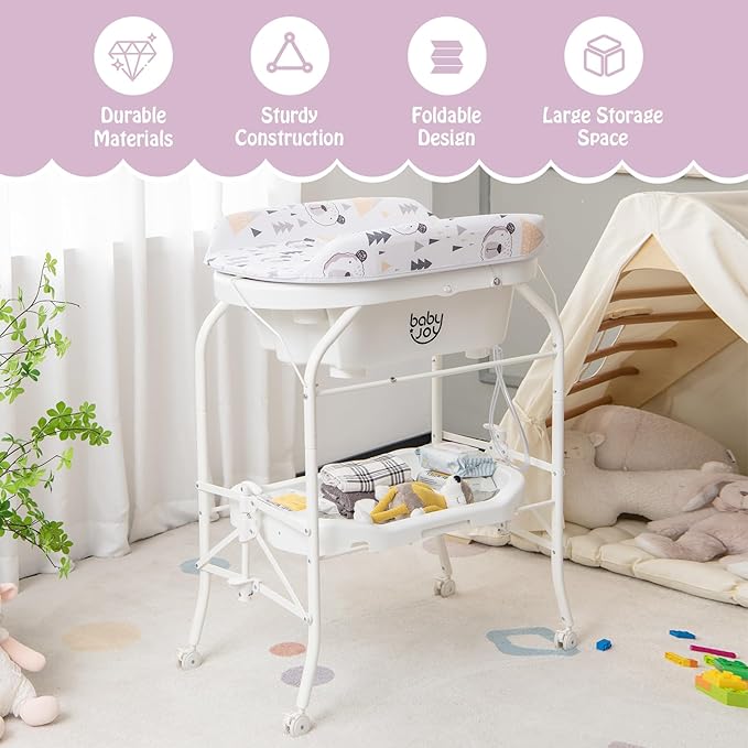 BABY JOY Baby Bathtub with Changing Table, Foldable Infant Diaper Changing Station with Storage Tray, Waterproof Pad, Portable Newborn Nursery Organizer Bath Stand with 4 Universal Wheels (White)-CubbioJoy