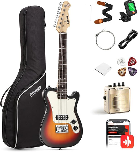 Donner 30 Inch Kids Electric Guitar Beginner Kit TL Style Mini Electric Guitar for Kids with Amp, 600D Bag, Tuner, Picks, Cable, Strap and Extra Strings, DTJ-100S, Sunburst-CubbioJoy
