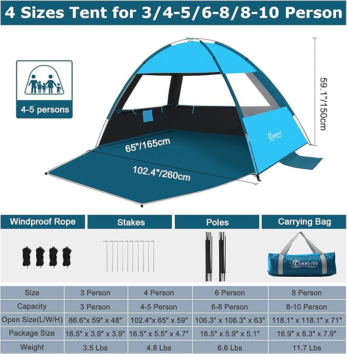 COMMOUDS Beach Tent Sun Shade for 3/4-5/6-7/8-10 Person, UPF 50+ Beach Sun Shelter Canopy Tent, Lightweight, Easy Set Up and Carry-CubbioJoy
