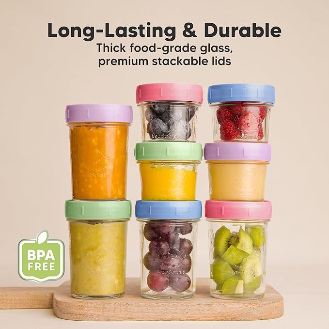 KeaBabies 4pk 8oz Glass Baby Food Containers with Lids - Leak-Proof, Microwavable Small Glass Jars, Baby Purees & Toddler Snack Storage Containers, BPA-Free, Dishwasher & Freezer Safe (Nord)-CubbioJoy