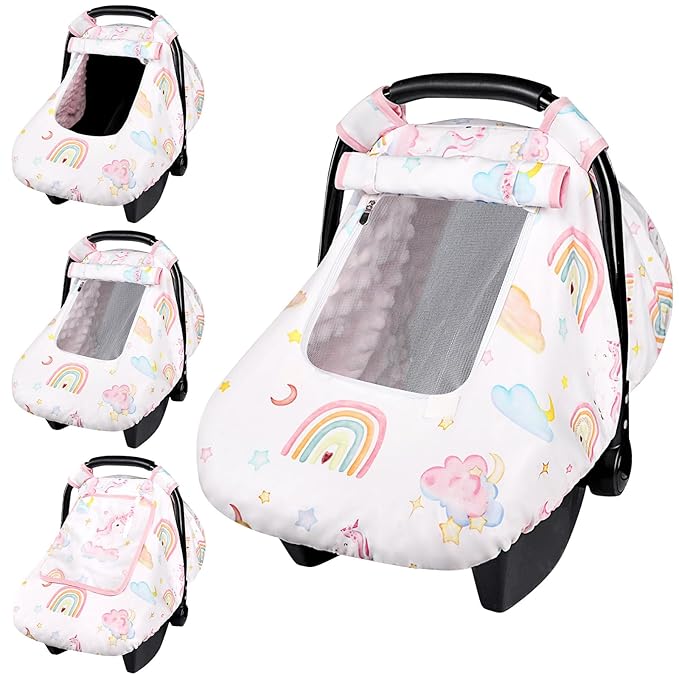 Baby Carseat Cover Girls, Pea Pod Unicorn Infant Car Seat Covers Canopy for Newborn with 2 Layers Windows of Breathable Mesh/Fabric, Lightweight Polyester/Minky Dot Backing, Snug Fit-CubbioJoy