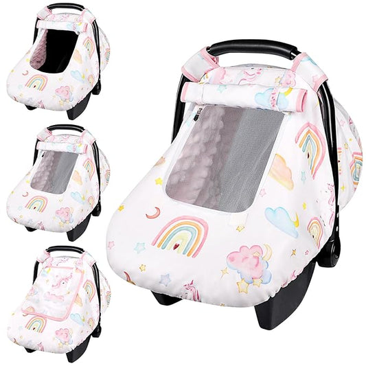 Baby Carseat Cover Girls, Pea Pod Unicorn Infant Car Seat Covers Canopy for Newborn with 2 Layers Windows of Breathable Mesh/Fabric, Lightweight Polyester/Minky Dot Backing, Snug Fit-CubbioJoy