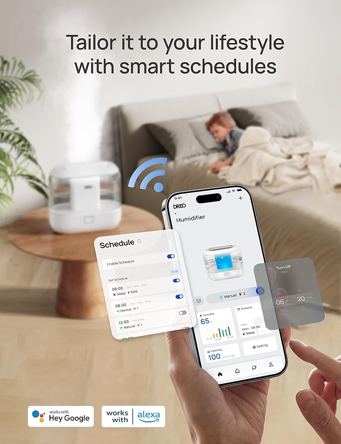 Dreo Smart Humidifier, Cool Mist Humidifiers for Bedroom, Quiet 4L Top Fill Ultrasonic Humidifiers for Home Office Plant & Baby with Nightlight, LED Display, 36H Runtime, APP/Voice Control, HM311S-CubbioJoy