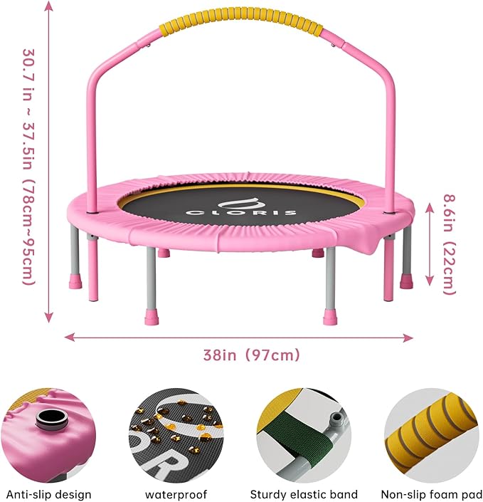 CLORIS 38in/48in Folding Trampoline - Max Load 220lbs / 450lbs Mini Trampoline Rebounder Trampoline for Adults with Adjustable Foam Handle, with safty Padded Cover Best Gift for Kids/Adult-CubbioJoy