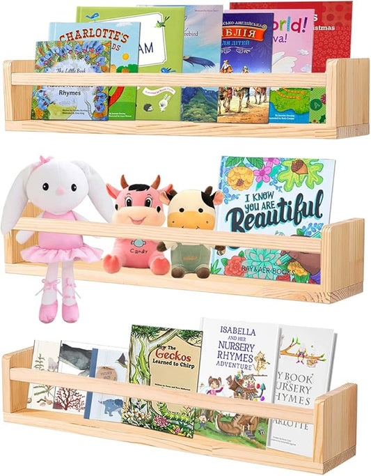 AZSKY Nursery Book Shelves 24 Inch Rustic Natural Wood Floating Shelves,Wall Book Shelves for Farmhouse,Bathroom Décor,Kitchen Spice Rack or Book Shelf Organizer for Home Décor,a Set of 3 Same Sizes-CubbioJoy