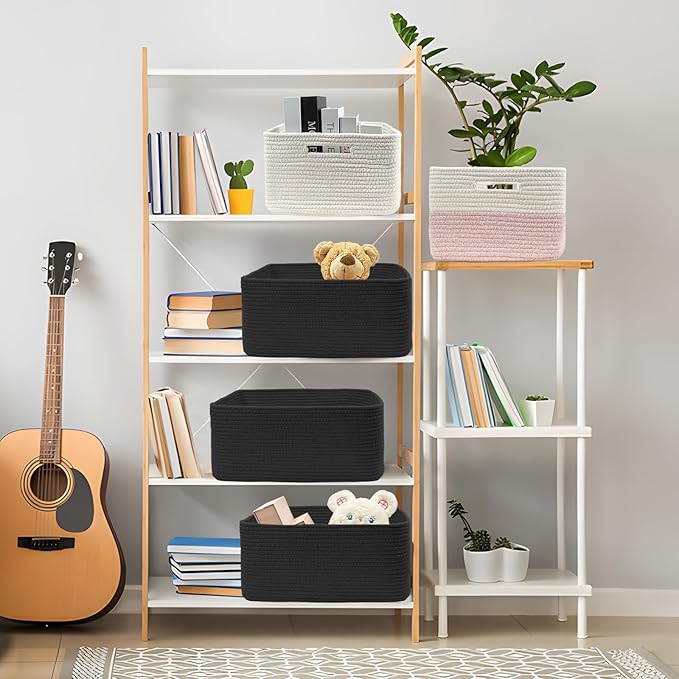 COMFY-HOMI Cotton Rope Woven Basket with Handles for Shelves,Toys,Book, Cloth Storage Baskets for Organizing-17" x 13" x 7.5" Toy Decorative Organizer for Living Room, Bathroom （all black）-CubbioJoy