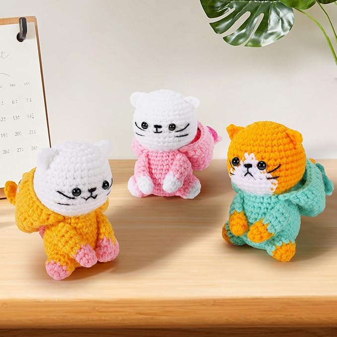 Crochet Kit for Beginners - 3 PCS Unicorn Cat Crochet Kits with Step-by-Step Video Tutorials, Beginner Crochet Kit for Adults Kid, Crochet Animal Kit for Starters, Cat Dressed as Unicorn Set-CubbioJoy