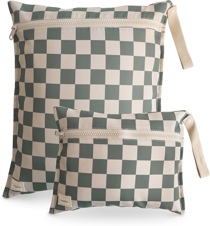 mushie Water Resistant Wet Bags | Large & Small Reusable Storage Bag for Baby Items and Travel | Zippered Pockets with Handle | Machine Washable, Set of 2 (Olive Check)-CubbioJoy