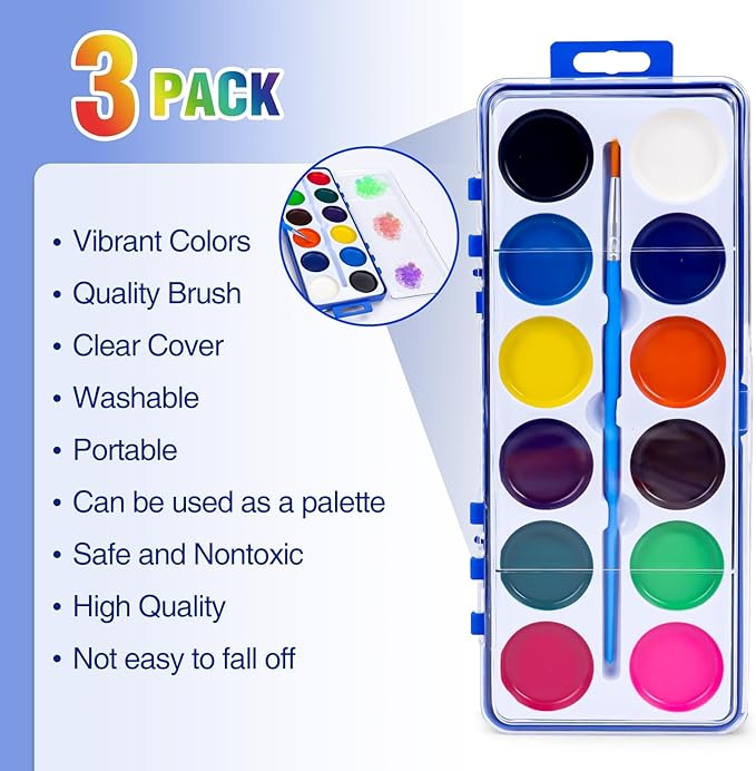 3 Pack Watercolor Paint Set for Kids, 12 Colors Watercolors Paints with Paint Brush, Kids Watercolor Paint Set for Party Favor, Classroom.-CubbioJoy