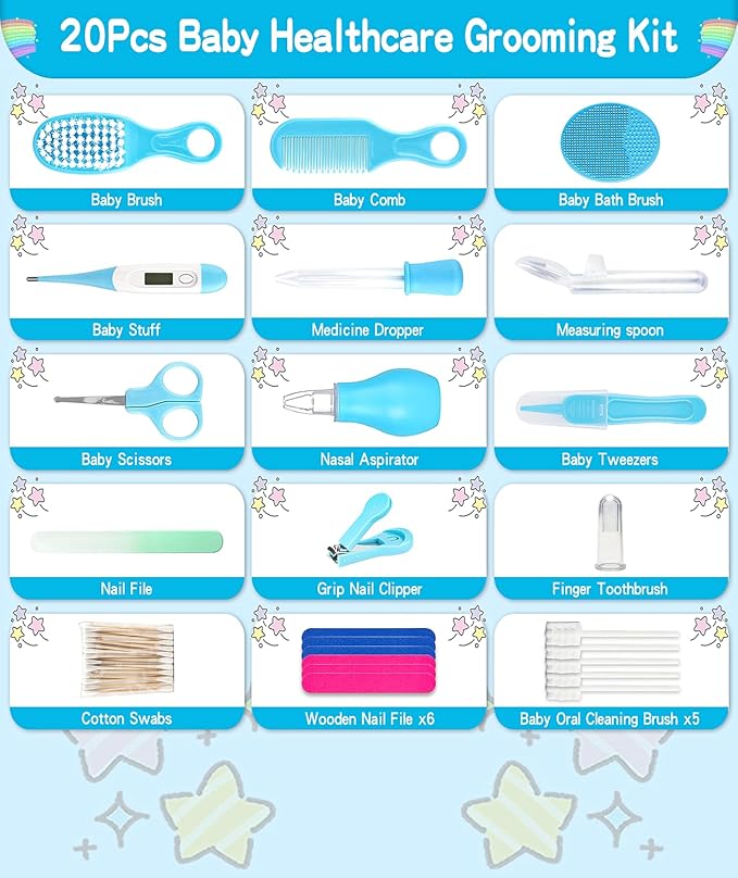 Baby Grooming and Healthcare Kit, Portable Baby Safety Care Set with Hair Brush Comb Nail Clipper Nasal Aspirator for Nursery Newborn Infant Girl Boy (25 in 1, Blue)-CubbioJoy