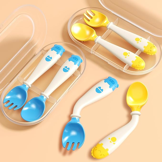 Deejoy Toddler Utensils with Travel Safe Case, Silicone Baby Spoons and Fork Set for Self Feeding, Toddlers Feeding Training Spoon, Easy Grip Heat-Resistant, Bendable Function (2 Sets, Yellow+Blue)-CubbioJoy