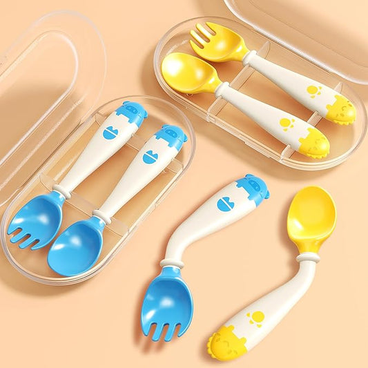 Deejoy Toddler Utensils with Travel Safe Case, Silicone Baby Spoons and Fork Set for Self Feeding, Toddlers Feeding Training Spoon, Easy Grip Heat-Resistant, Bendable Function (2 Sets, Yellow+Blue)-CubbioJoy