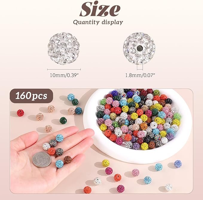 160pcs 10mm Rhinestone Beads for Jewelry Making, Dark Pink Shiny Round Disco Ball Beads Bulk, Sparkle Crystal Clay Christmas for Bracelet Baseball Necklace Earring Crafting and DIY-CubbioJoy