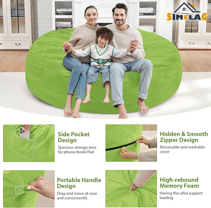 7FT Bean Bag Chair, Large Bean Bag Chairs with Memory Foam Filled, Fluffy Beanbag Sofa with Dutch Velvet Cover, Round BeanBag Chairs for Living Room, Playroom - Lime-CubbioJoy