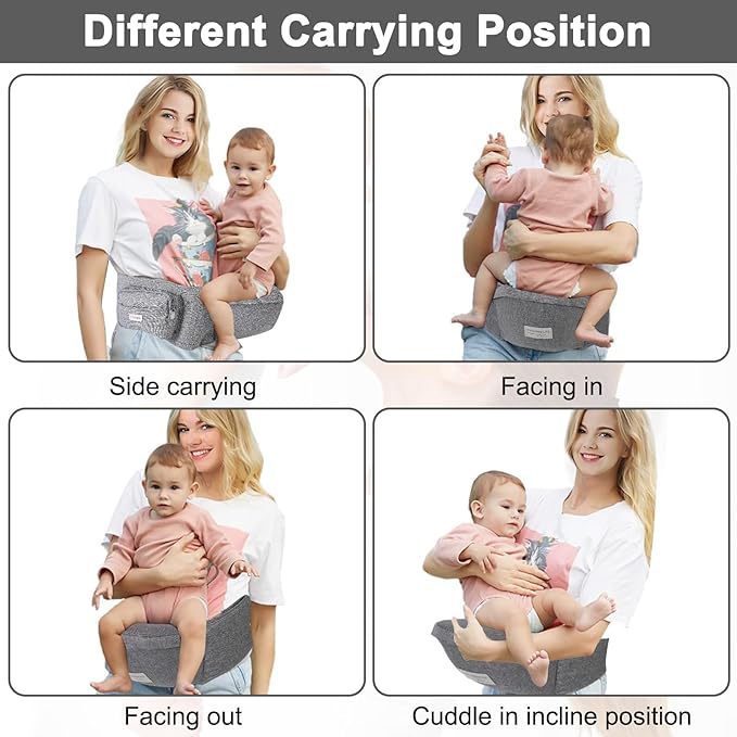 Baby Hip Carrier, Baby Carrier with Adjustable Waistband & Breathable Mesh, Ergonomic Carrier with Non-Slip Hip Seat Surface for Newborns & Toddlers, Grey-CubbioJoy