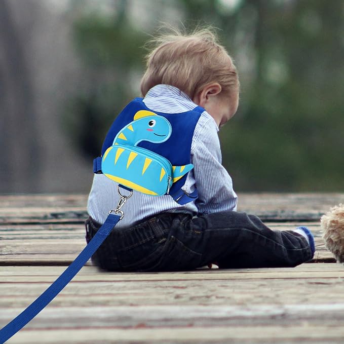 Accmor Toddler Harness with Leash, Cute Dinosaur Kids Harness + Anti Lost Wrist Link, Mini Child Harness Leash Wristband Strap Belt Protector for Baby Boys Girls to Outdoor Travel (Blue)-CubbioJoy