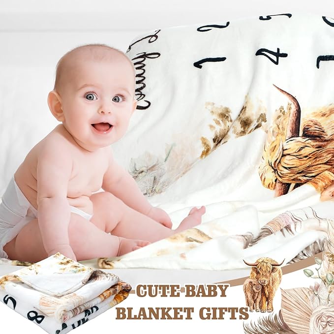 Boho Floral Baby Monthly Milestone Blanket Neutral Bohemian Photo Prop Blanket Personalized Highland Cow Baby Present Pampas Grass Ideas for Newborn Nursery Decor (Brown, Highland Cow)-CubbioJoy