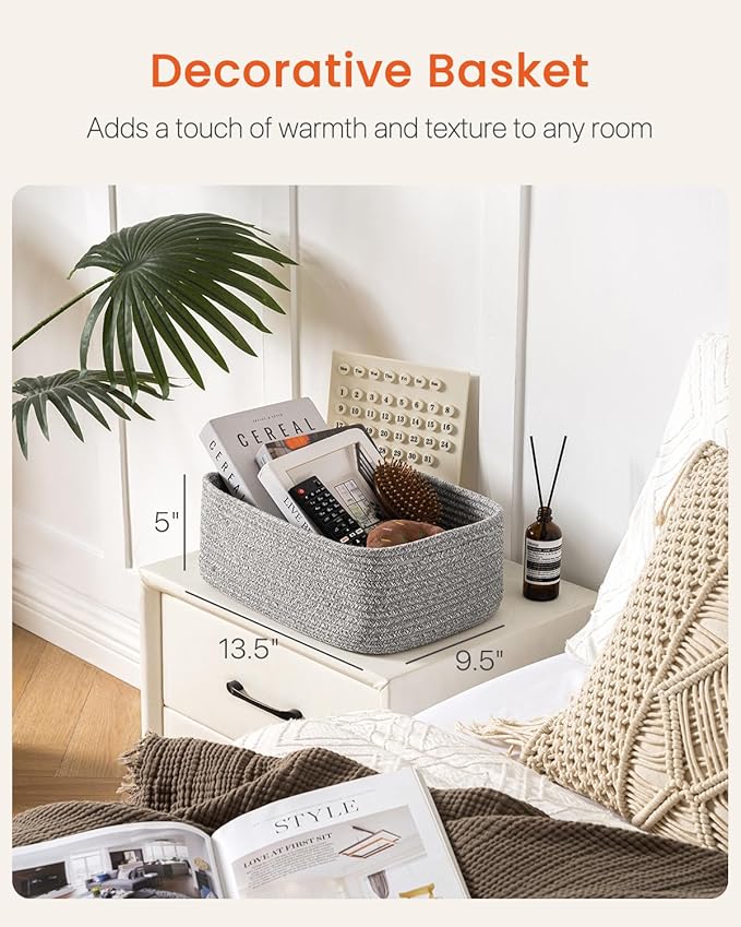 KALLAX Small Woven Basket, 13.5 x 9.5 x 5 Inches, Storage Basket for Organizing, Cute Small Rope Shelf Closet Cube Storage Bins Baskets for Shelves, Dog Toy Gift Baskets Empty, 3 Packs, Mixed Grey-CubbioJoy