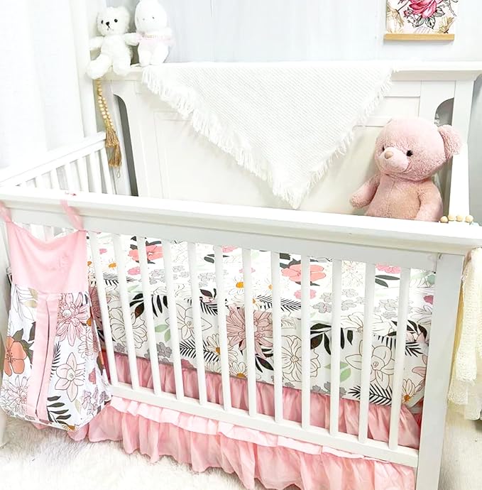 4-Piece Crib Bedding Set for Girls, Pink Baby Girl Bedding Set with Crib Skirt, Baby Quilt, Crib Sheet and Diaper Stacker, Daisy Flower-CubbioJoy
