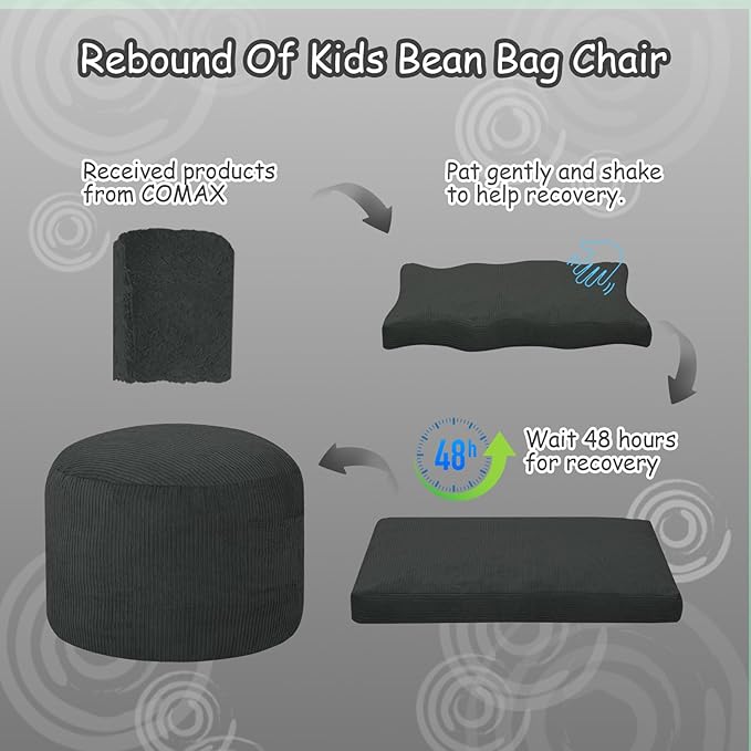 COMAX Bean Bag Chair for Kids 8-12, Toddler Beanbag Bed Corduroy, Convertible Child Bean Chair to Floor Mattress with Filler, Kid Reading Comfy Lounge Couch for Boys and Girls Bedroom, Dark Grey-CubbioJoy