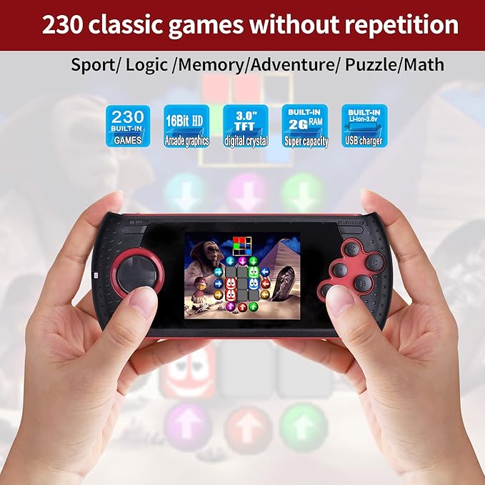 16 Bit Handheld Game for Kids Built-in 230 HD Classic Retro Video Games USB Rechargeable 3.0 Inch Childrens Travel Electronics Toys Portable Gaming Player System Gift for Boys Girls Ages 4-8-12-CubbioJoy