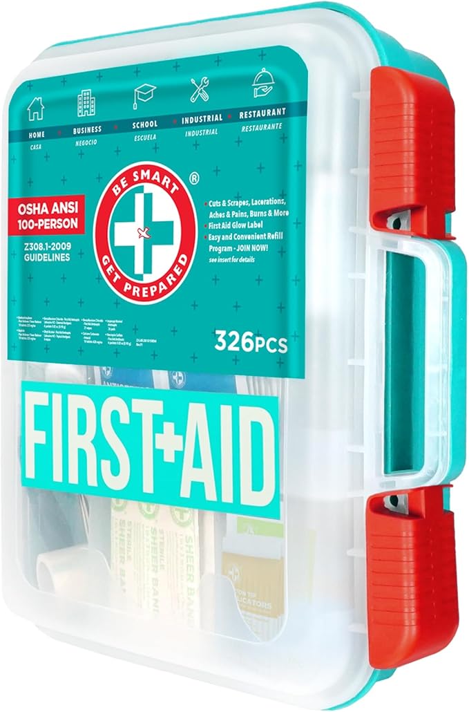 Be Smart Get Prepared First Aid Kit, Teal, 326 Piece, Exceeds OSHA and ANSI Guidelines 100 People - Office, Home, Car, School, Emergency, Survival, Camping, Hunting and Sports-CubbioJoy