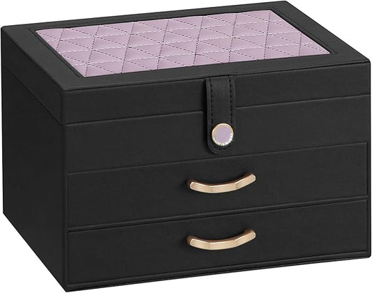 Black Jewelry Box Organizer: Home Decor for Women - 2-Drawer Holder for Valentine’s Day Birthday Christmas Black Grey-Purple-CubbioJoy