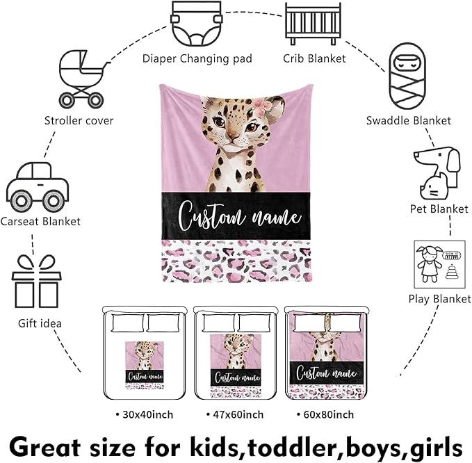 Custom Nursery Crib Bedding Set: Personalized Name 4 Piece Pink Leopard Elephant Design Baby Crib Sets for Girls - Toddler Double Layer Blanket Set, Comfortable Crib Bed Sheets for Baby Toddlers-CubbioJoy