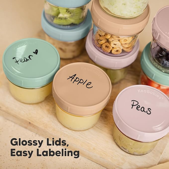 KeaBabies 6pk 4oz Glass Baby Food Containers with Lids - Leak-Proof, Microwavable Small Glass Jars, Baby Purees & Toddler Snack Storage Containers, BPA-Free, Dishwasher & Freezer Safe (Musk Dusk)-CubbioJoy