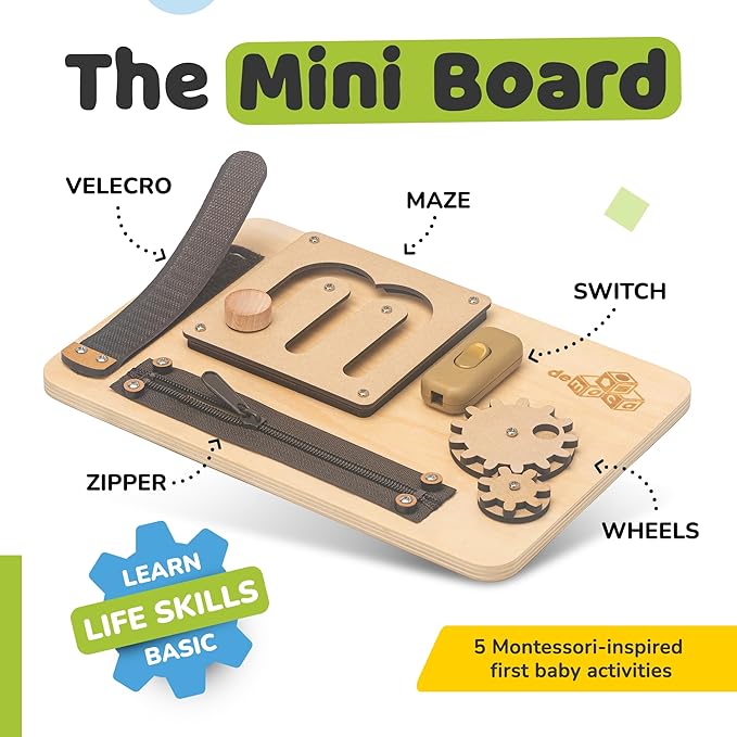 deMoca Baby Busy Board for 1 Year Old, Premium Montessori Toddler Travel Toy with Educational Activities, Sensory Travel Toys for Toddlers 1-3, Wooden Busy Board, Gift for Boy & Girl-CubbioJoy