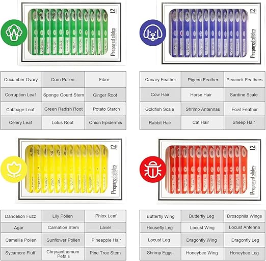 48Pcs Prepared Microscope Slides Specimen Animals Plants Flowers Sample Biological Specimen, Stereo Microscope Slide for Kids Children Students Enlighten Education-CubbioJoy