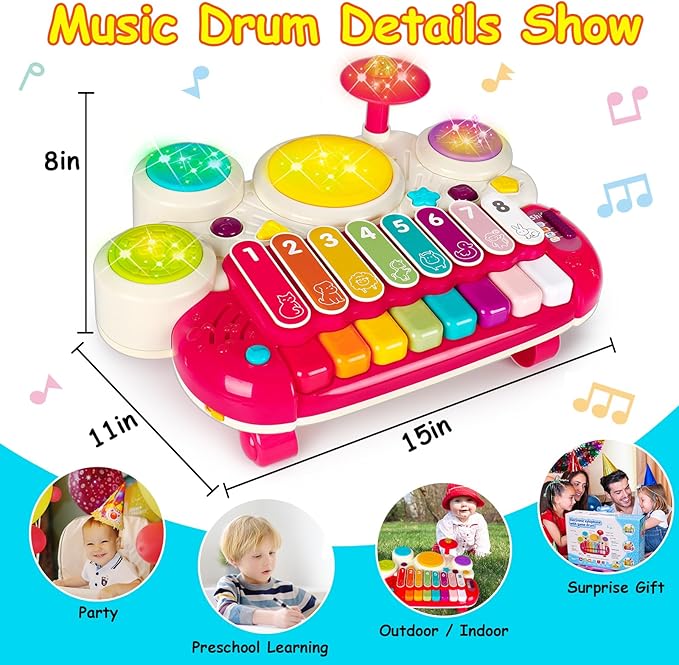 3 in 1 Musical Toys for Toddlers 1-3 Piano Xylophone Drum Set Toys for 1 2 3 Year Old Girls Birthday Music Instruments Baby Learning Developmental Sensory Toys Toddler Toys Age 1-2 2-3-CubbioJoy