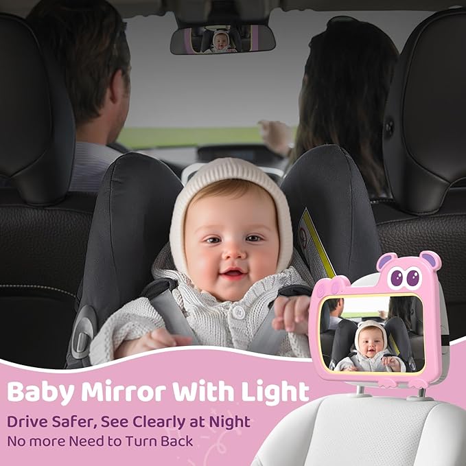 2-in-1 Baby Car Mirror with Lights & Soft Sounds, Cry Detector, Clear Night View, 360° Rotation, Shatterproof, Rear Facing Baby Car Seat Mirror with Remote Control, Perfect Baby Shower Gifts (Pink)-CubbioJoy