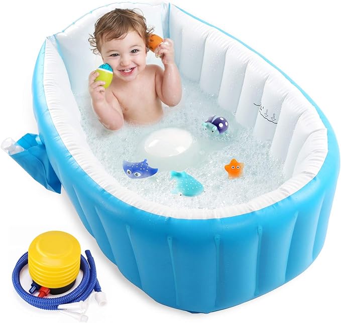 Baby Inflatable Bathtub, Portable Infant Toddler Bathing Tub Non Slip Travel Bathtub Mini Air Swimming Pool Kids Thick Foldable Shower Basin with Air Pump, Blue-CubbioJoy