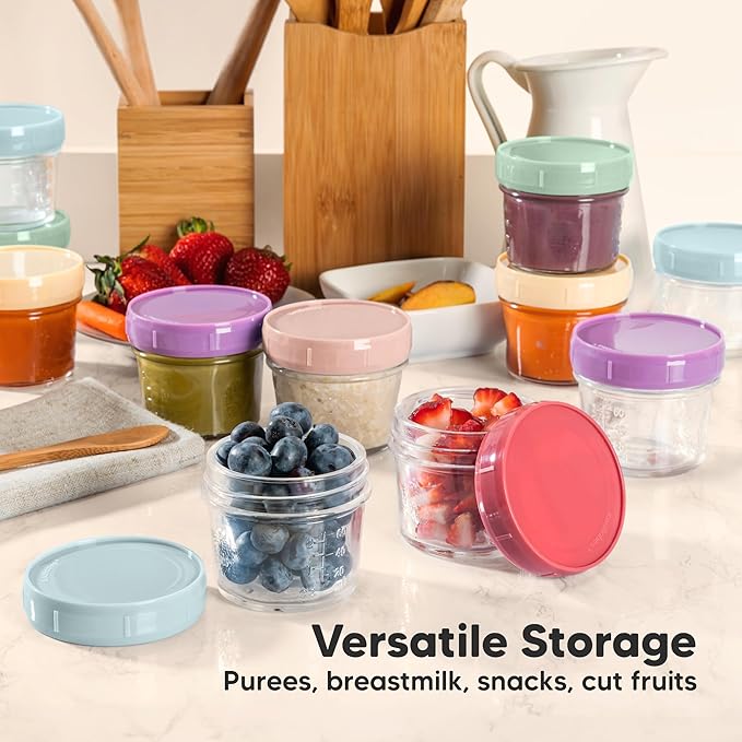 KeaBabies 4pk 8oz Glass Baby Food Containers with Lids - Leak-Proof, Microwavable Small Glass Jars, Baby Purees & Toddler Snack Storage Containers, BPA-Free, Dishwasher & Freezer Safe (Slate)-CubbioJoy