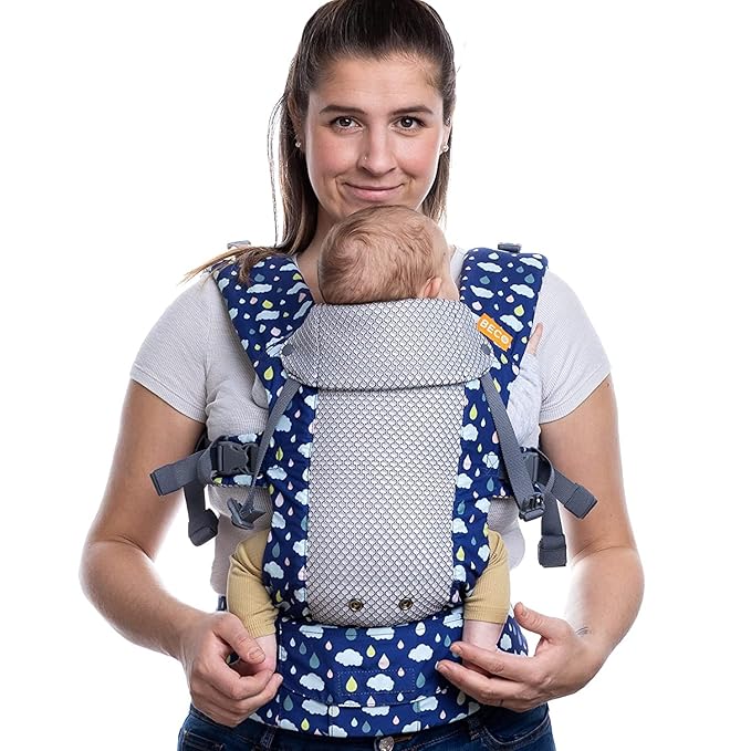 Beco Gemini Baby Carrier from Newborn to Toddler - Certified Ergonomic Newborn Baby Carrier for Infants and Children of 7-35 lbs - M Shape, Adjustable Seat, Breathable 3D Mesh (Cool Rain Drops)-CubbioJoy