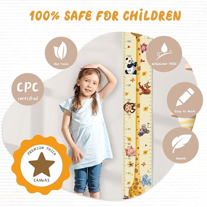 Customize Name Growth Chart Wall, Funny Giraffe Premium Canvas Removable Height Chart for Kids, Height Measurement for Wall, Unisex Kids Room Wall Decor, Measuring Height Charts-CubbioJoy