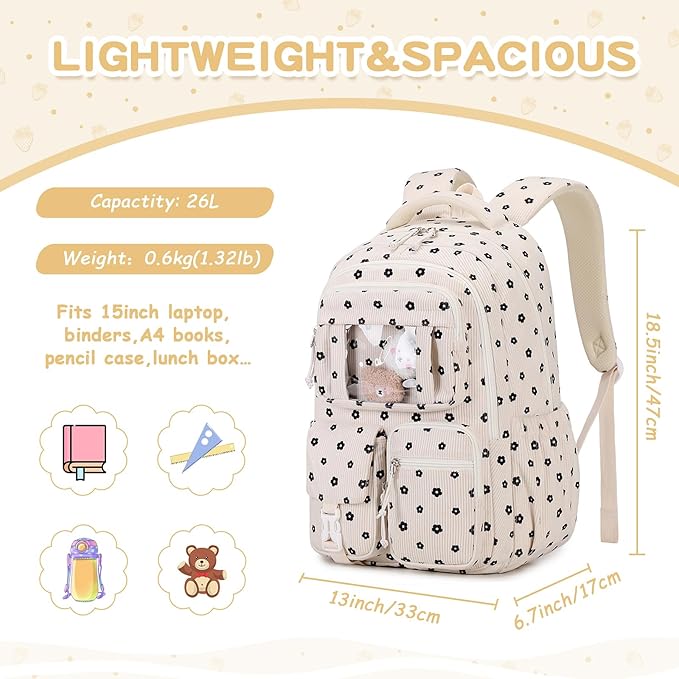 Corduroy Backpack Kids Backpack for Girls School Bags for Middle School Students Book Bag for Elementary Primary Kawaii Ita Backpack, Flower-CubbioJoy