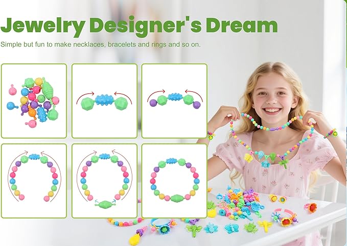 BIRANCO. Deluxe Beading Set with 350+ Pop Beads Include Butterfly, Bee, Dragonfly with Transparent Wings, and Ladybug Jewelry Making Kit for Kids Ages 3-8-CubbioJoy