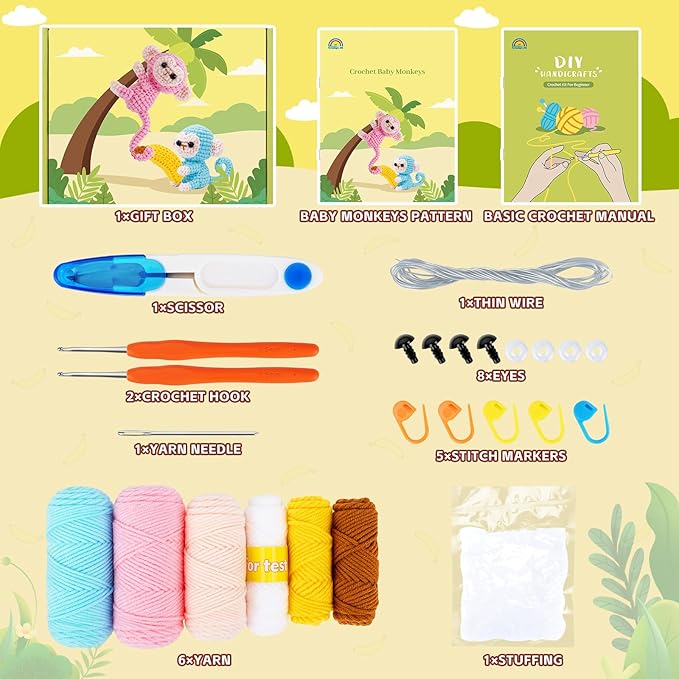 Crochet Kit for Beginners - 2 PCS Monkey with Banana Crochet Kits with Step-by-Step Video Tutorials, Beginner Crochet Kit for Adults, Crochet Monkey Kit for Kids (Blue & Pink)-CubbioJoy