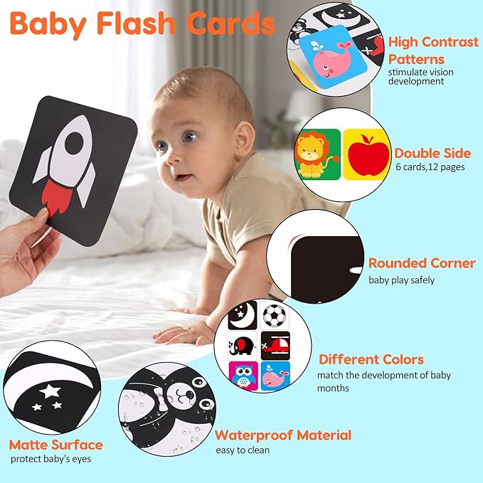 Black and White High Contrast Baby Books Flash Cards Tummy Time Mirror Toys Newborn Toys 0 6 Months Brain Development Infant Stimulating Sensory Toy 0-3 3-6 2 4 5 Months old Baby Boy Girl Shower Gifts-CubbioJoy