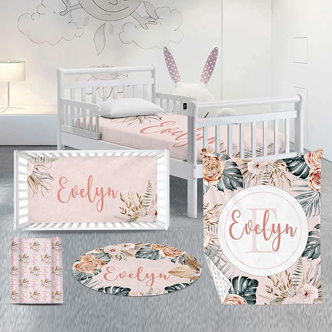 Custom Nursery Crib Bedding Set: 4 Piec Bohemian Flowers Baby Crib Sets for Girls with Personalized Name - Toddler Double Layer Blanket Set, Comfortable Crib Bed Sheets for Baby Toddlers-CubbioJoy