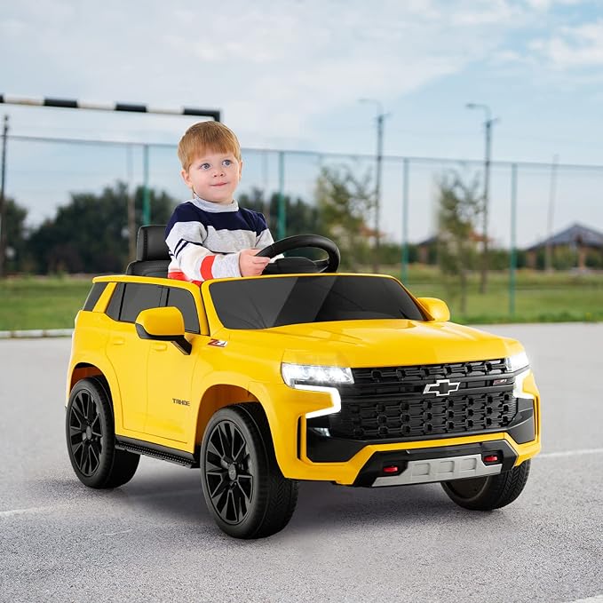 Costzon Ride on Car, 12V Licensed Chevrolet Tahoe Battery Powered Electric Vehicle w/ 2.4G Remote Control, High/Low Speed, Music, Lights, MP3/USB/FM, Spring Suspension, Electric SUV for Kids (Yellow)-CubbioJoy
