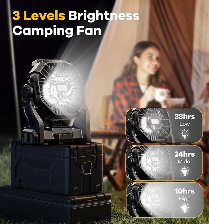 15000mAh Portable Battery Powered Camping Fan - with LED Light, Quiet Battery Operated, Camping Gear for Travel, Tent, Beach, Car or Hurricane Power Outages，Black-CubbioJoy