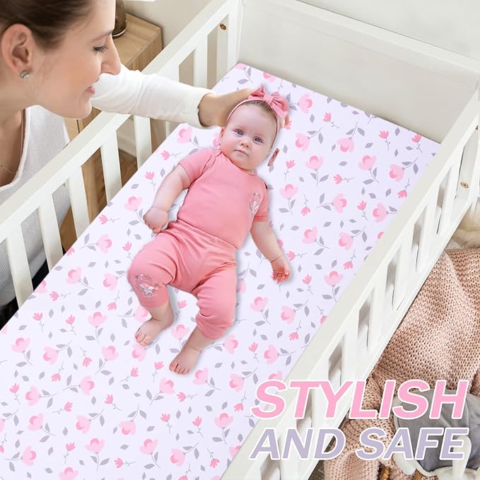 Cloele Elephant Crib Bedding Set for Girls - 3 Piece Baby Bedding Set Includes Comforter Fitted Sheet Crib Skirt - Pink Floral Standard Size Nursery Bedding Set Baby Crib Set for Girls-CubbioJoy