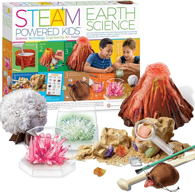 4M - STEAM Earth Science - Educational Science Kits for Kids Ages 5+ with 5 Experiments: Volcano Eruption, Excavate Crystals, Crystal Growing, & More - Hands-On Geology STEM Learning Science for Kids-CubbioJoy