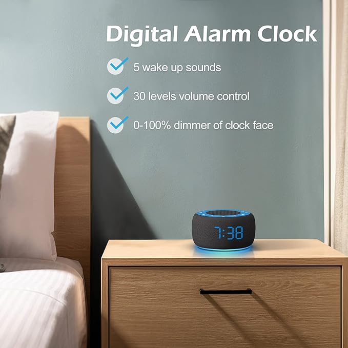 Buffbee Sound Machine & Alarm Clock 2-in-1, 0-100% Clock Face Brightness, Bottom Colored Light, Sleep Timer, Precise 30-Level Volume Control White Noise Machines-CubbioJoy