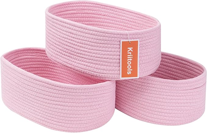Cute Baskets for Shelf Storage Small Woven Basket to Store and Organize Daily Items/Durable Rope Basket for Living Room, Bedroom,Playroom/Oval-13x8.66x5.11’’,Stylish 3 Packs Pink-CubbioJoy
