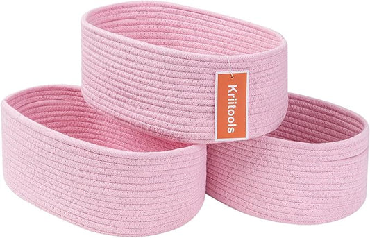 Cute Baskets for Shelf Storage Small Woven Basket to Store and Organize Daily Items/Durable Rope Basket for Living Room, Bedroom,Playroom/Oval-13x8.66x5.11’’,Stylish 3 Packs Pink-CubbioJoy